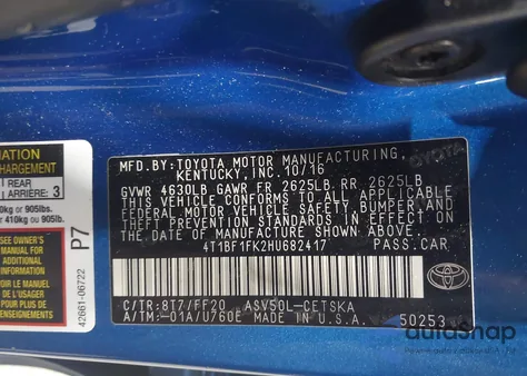 2017 Toyota Camry Se из США, поврежденный, VIN 4T1BF1FK2HU682417